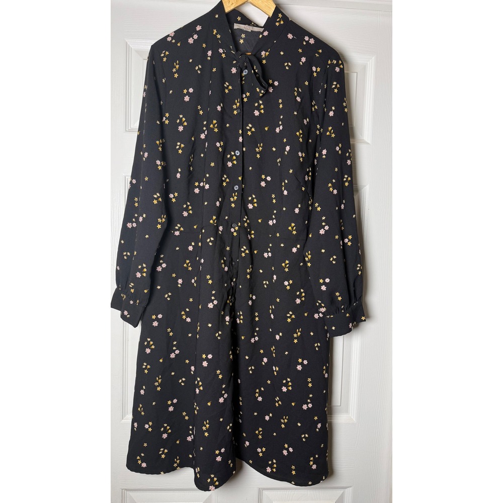 Loft Plus Shirt Dress Women 22 Black Floral Tie Neck Button Front Long Sleeve